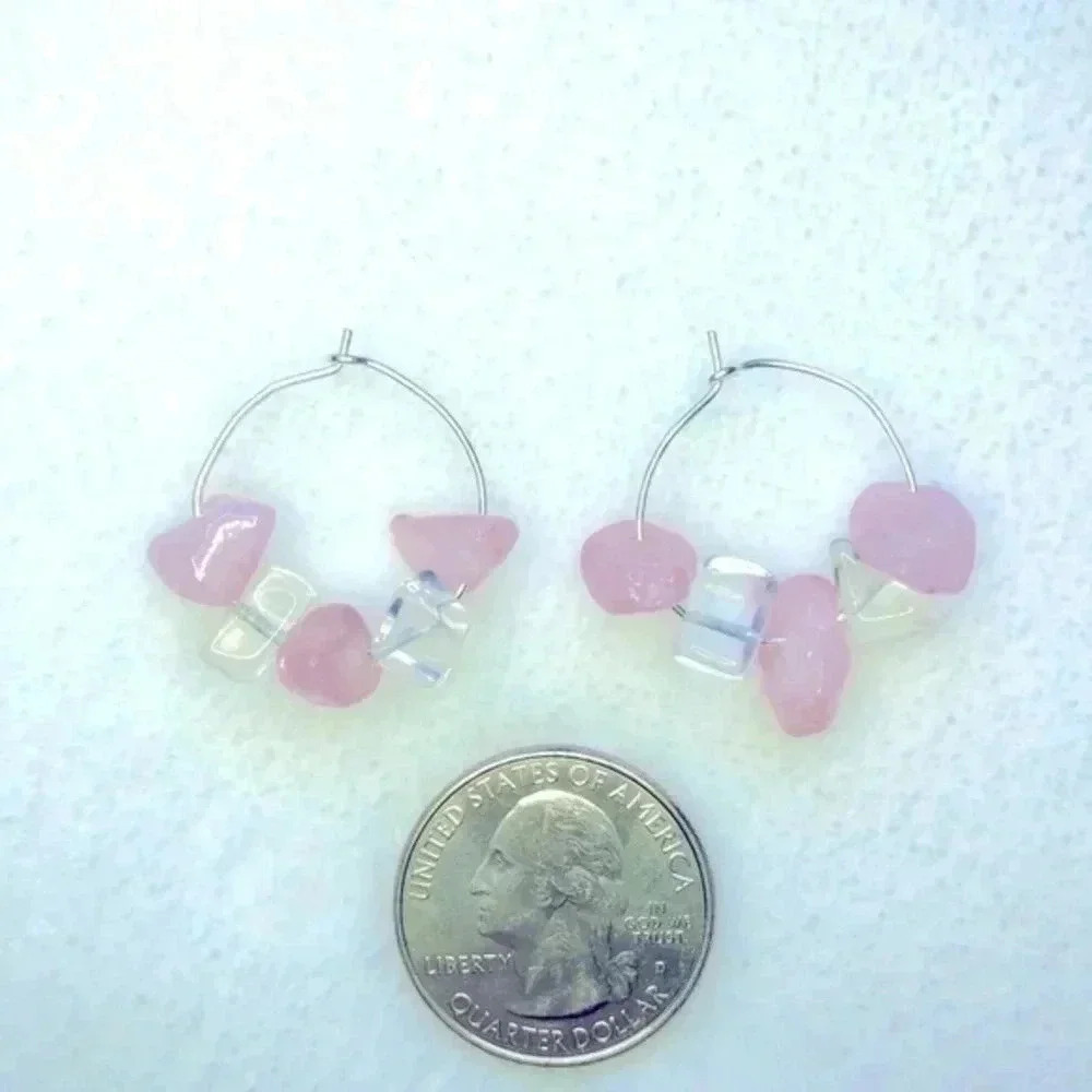 3 for $25/ Rose Quartz Silver Handmade Hoop Earrings